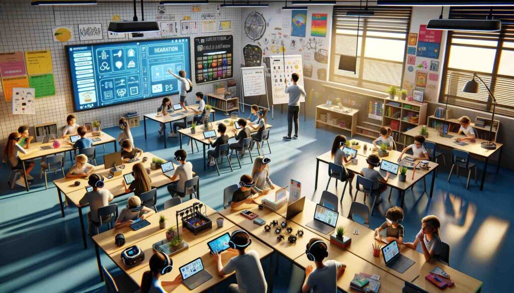 Diverse groups of students working at separate tables in a modern classroom, each group deeply engaged in a collaborative project. The setting features a clear blackboard and educational resources, capturing the spirit of Project-Based